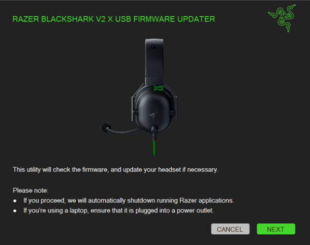 Click NEXT to proceed. The updater will close all running Razer applications