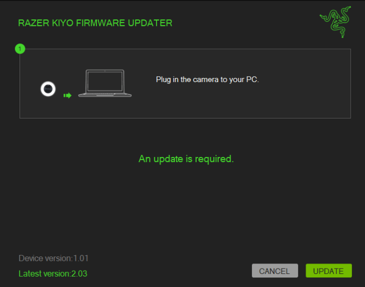 Connect the Razer Kiyo to your PC then click UPDATE
